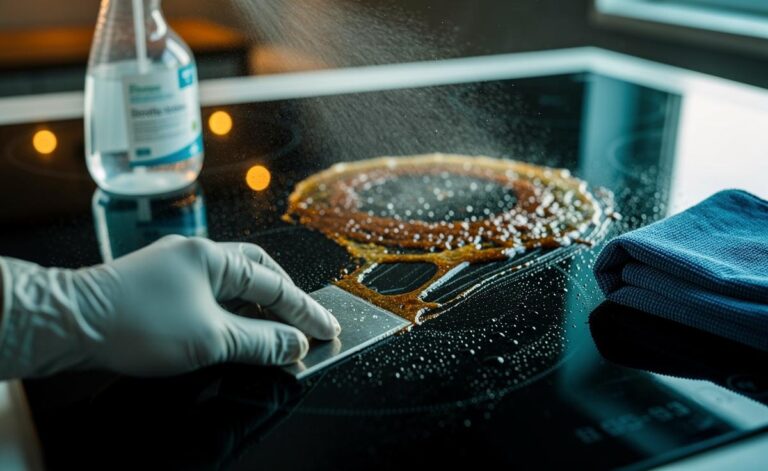 Illustration of white vinegar being used to dissolve burnt-on food on a glass stovetop