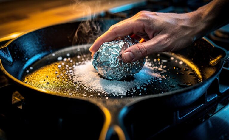 Illustration of a hand scrubbing a grimy cast iron skillet with a crumpled aluminium foil ball, lifting stuck-on residue while preserving the pan’s seasoning