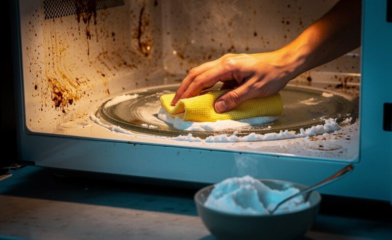 Illustration of a hand applying baking soda paste to a grimy microwave interior with a soft sponge to scrub grease