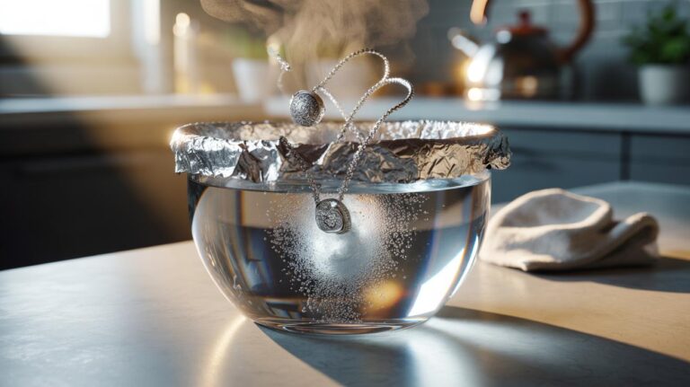 Illustration of cleaning jewellery with baking soda and aluminium foil in hot water, with visible bubbles removing tarnish in five minutes