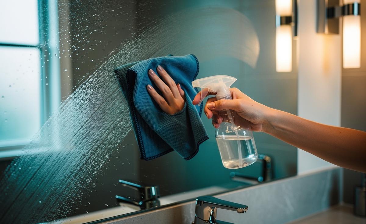 Illustration of rubbing alcohol being sprayed onto a bathroom mirror and wiped with a microfibre cloth for a streak-free finish