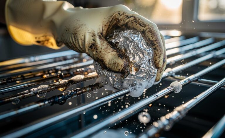 Illustration of a hand using a crumpled aluminium foil ball to scrub burnt grease from chrome oven racks with soapy water
