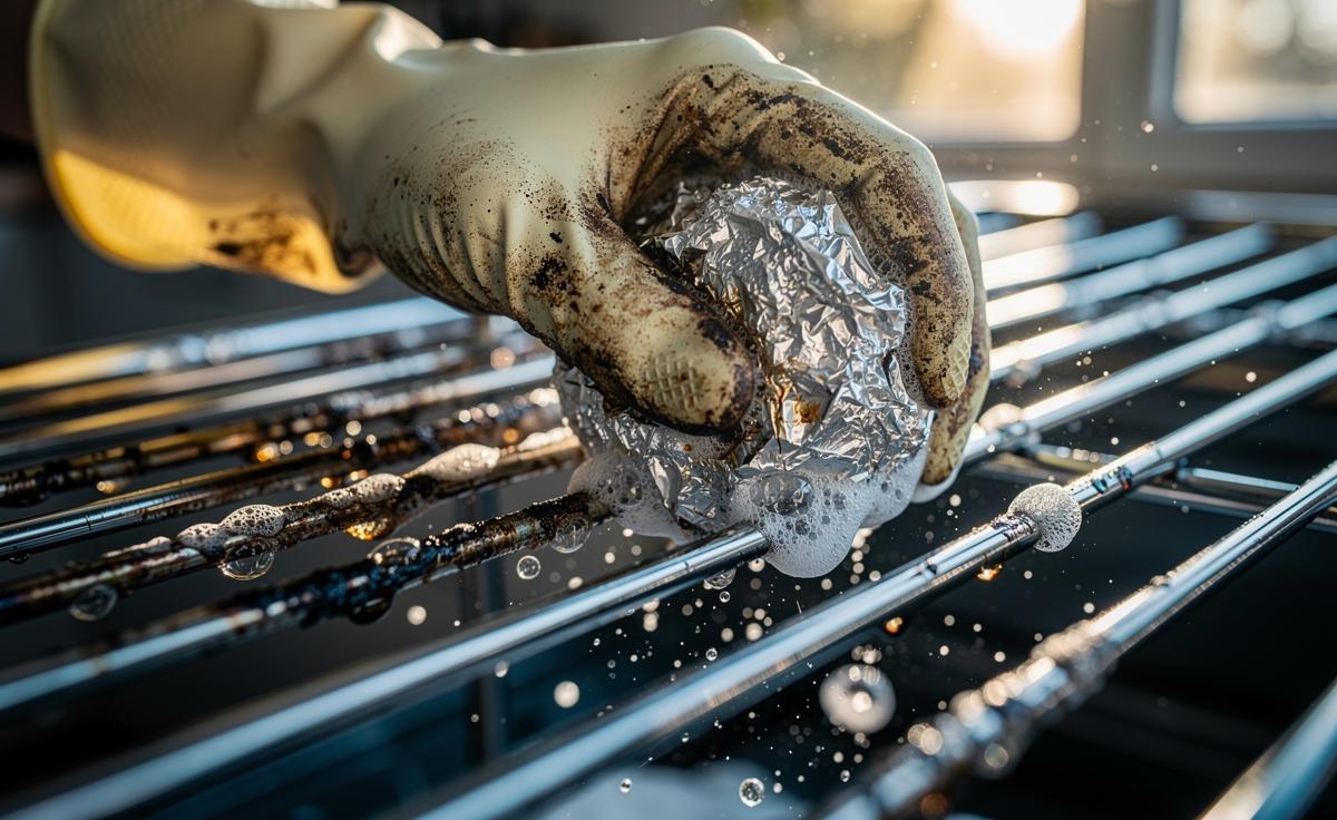 Illustration of a hand using a crumpled aluminium foil ball to scrub burnt grease from chrome oven racks with soapy water