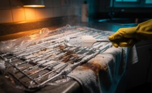 Illustration of oven racks coated with baking soda paste and left overnight to lift burnt grease