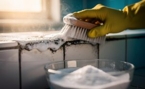 Illustration of a hand scrubbing shower grout with a baking soda paste to lift mould from tile lines in 10 minutes