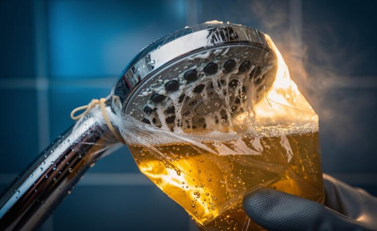 Illustration of a shower head submerged in a vinegar-filled bag during a five-minute limescale-cleaning soak
