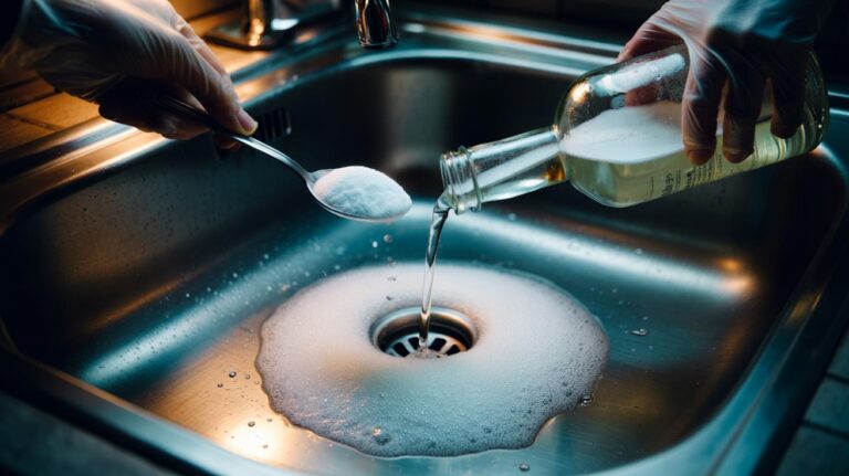 Illustration of baking soda and vinegar bubbling in a sink drain to clear a clog