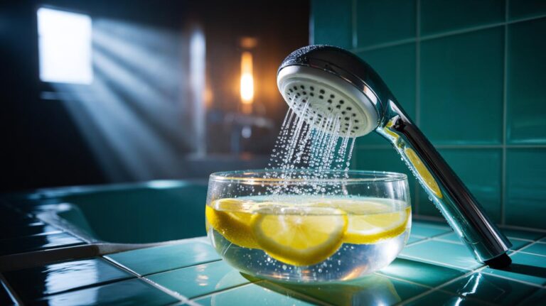 Illustration of a clear showerhead immersed in lemon juice as citric acid dissolves calcium deposits overnight