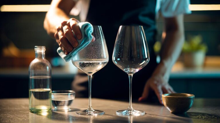 Illustration of a hand polishing a cloudy wine glass with a vinegar-soaked cloth beside a bottle of white vinegar, showing the restored clear shine