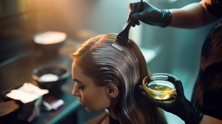 Illustration of coconut oil being applied to hair before colouring to protect strands and reduce damage