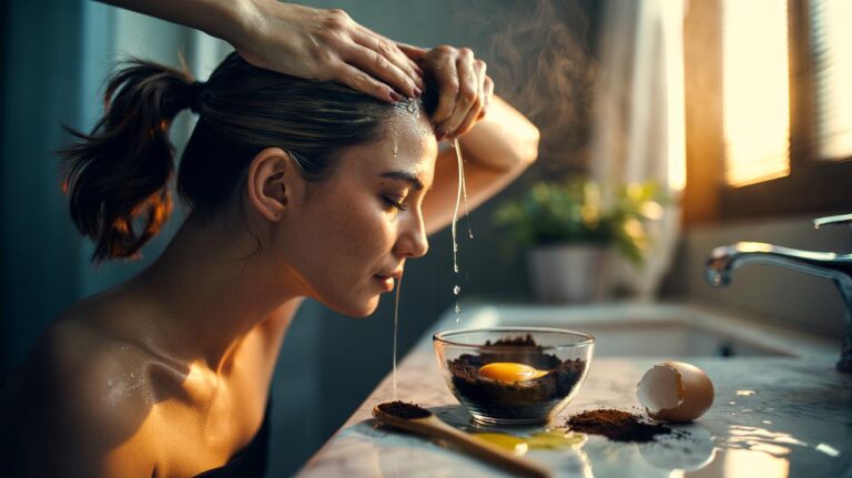 Illustration of coffee grounds and a raw egg being mixed and applied to the scalp as a DIY mask to thicken a ponytail