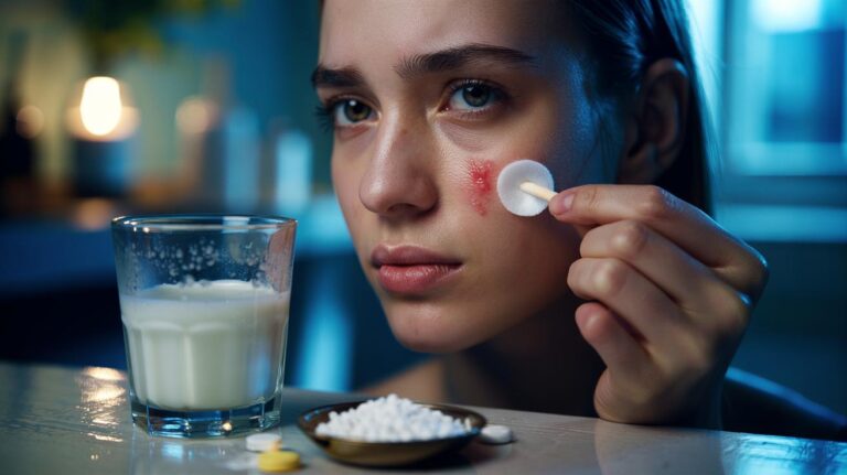 Illustration of crushed aspirin mixed with cold milk being applied with a cotton swab to an inflamed facial spot.