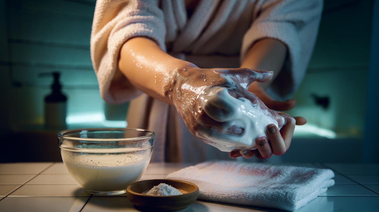 Illustration of cold milk and baking soda applied to dark elbows, the gentle fizz loosening dead skin and brightening the area