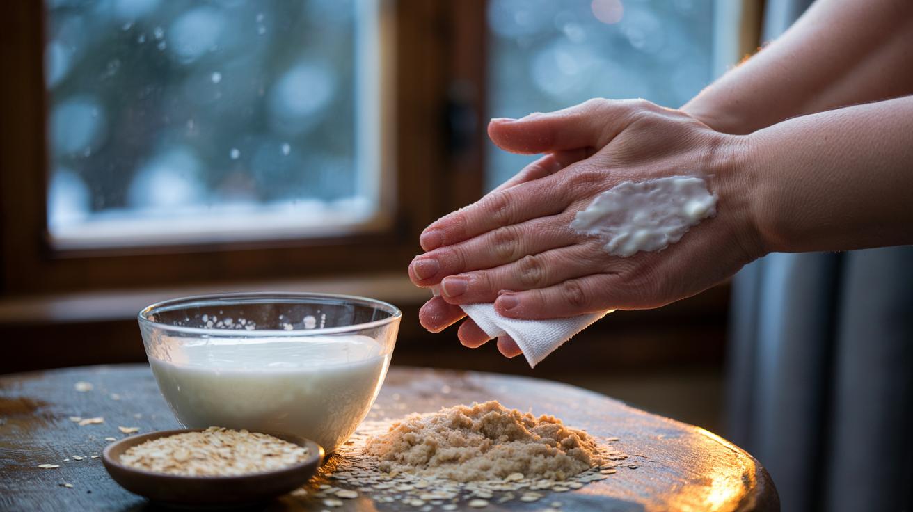 Illustration of cold milk and oats applied to cracked winter hands to calm and moisturise
