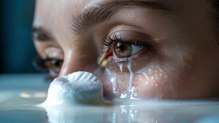 Illustration of cold milk applied with a cotton pad to gently dissolve waterproof mascara and eyeliner using fats
