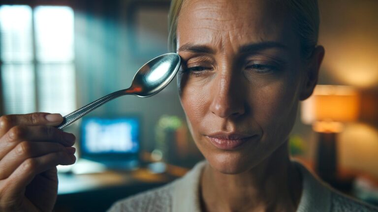Illustration of a person gently pressing a chilled stainless steel spoon to the temple to relax facial muscles and soften tension wrinkles