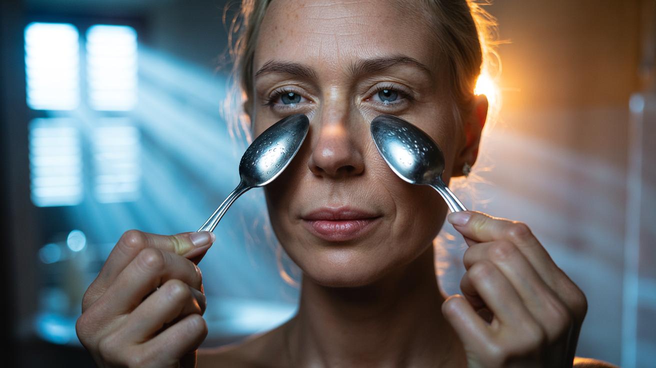 Illustration of a person applying cold spoons under the eyes to reduce puffiness by encouraging fluid drainage
