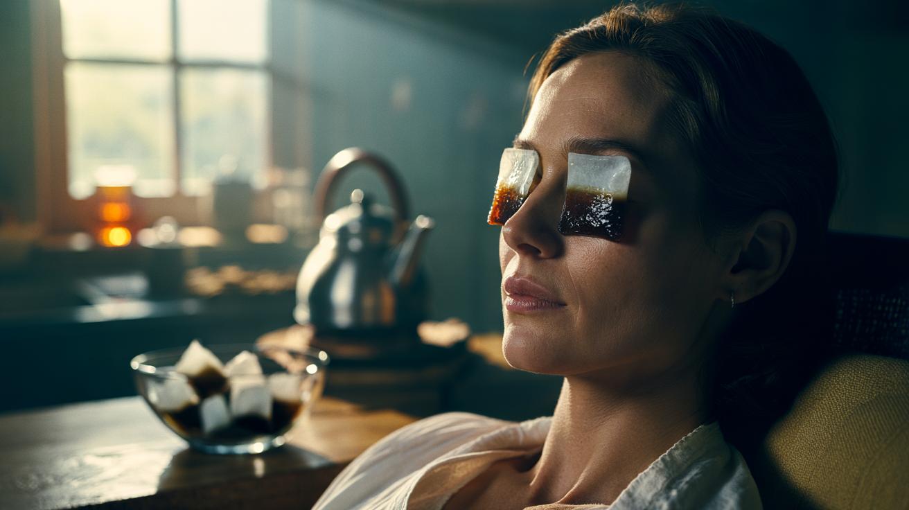Illustration of a person placing chilled tea bags on closed eyelids to reduce hangover puffiness using caffeine in five minutes