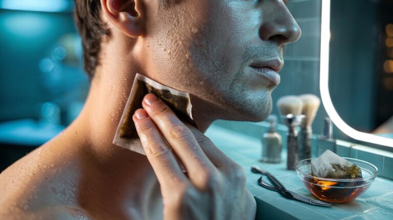 Illustration of a cold teabag applied to razor bumps on freshly shaved skin, highlighting the soothing action of tannins