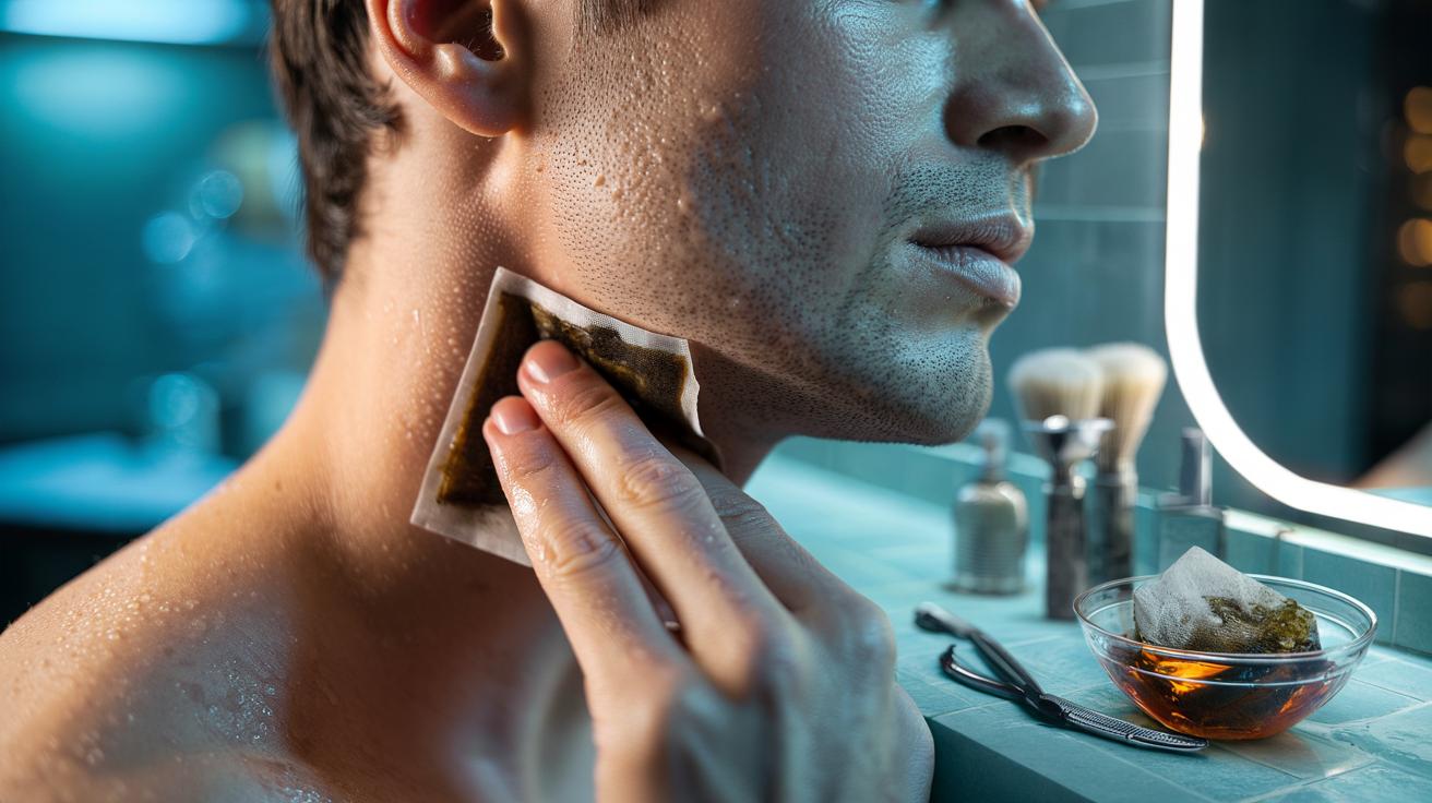 Illustration of a cold teabag applied to razor bumps on freshly shaved skin, highlighting the soothing action of tannins