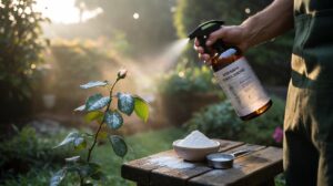 Illustration of baking soda solution being sprayed on plant leaves to control powdery mildew fungus
