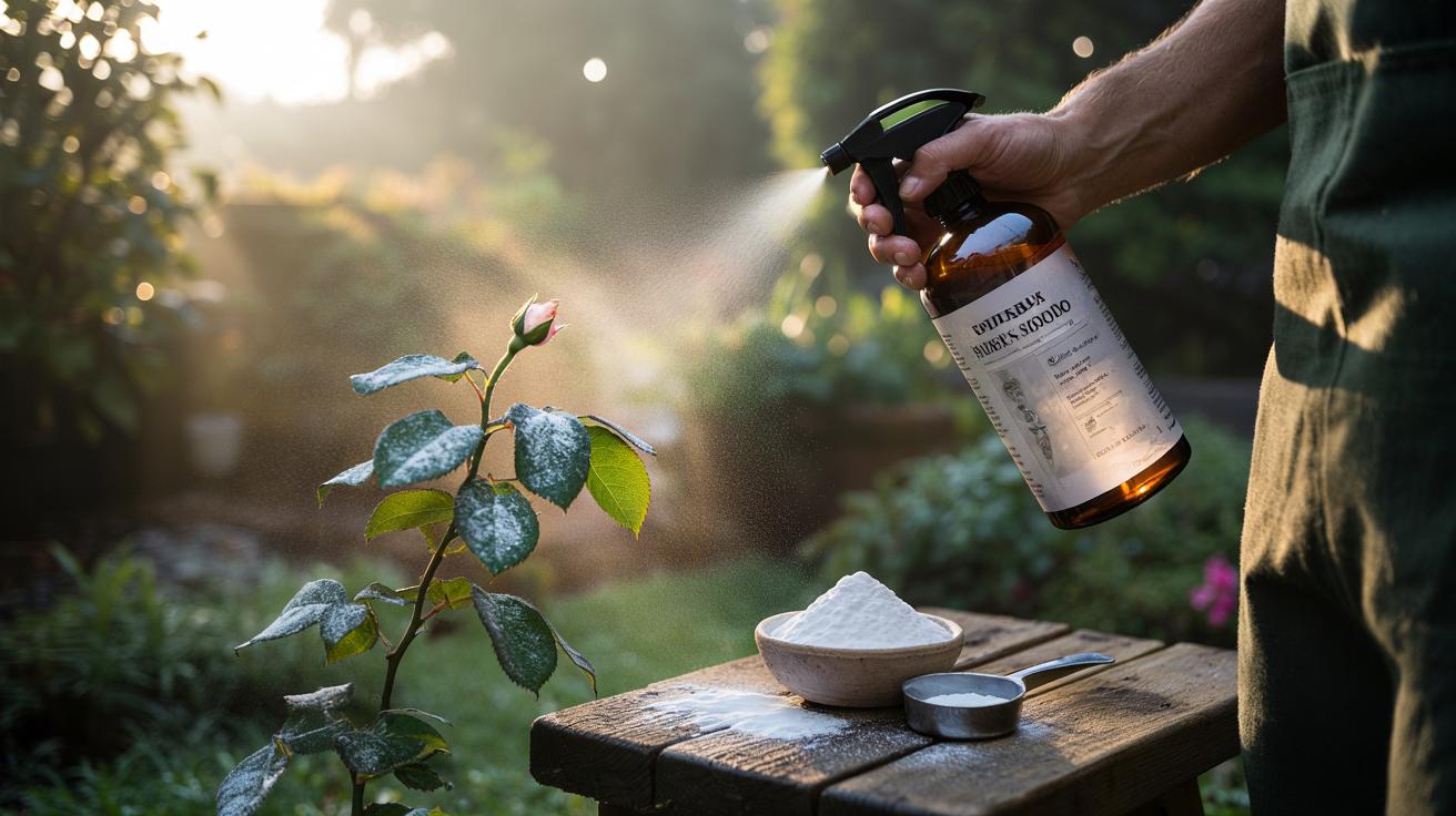 Illustration of baking soda solution being sprayed on plant leaves to control powdery mildew fungus