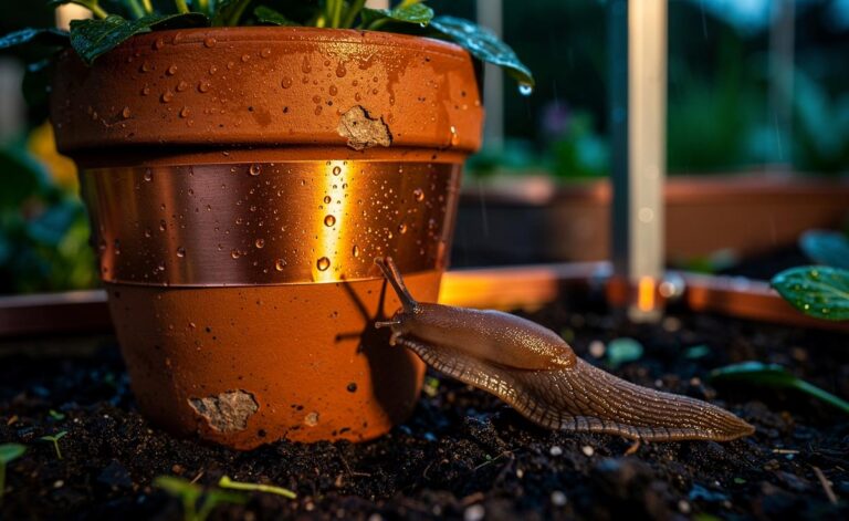 Illustration of copper tape forming a continuous barrier around a garden pot to repel slugs