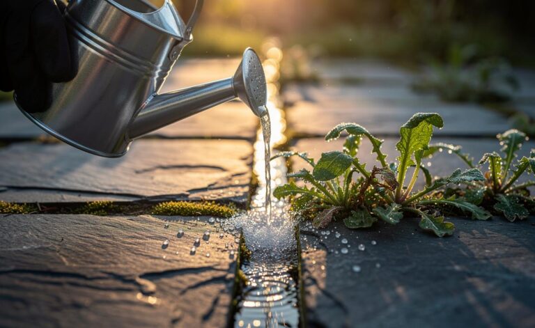 Illustration of salt being applied to weeds growing between paving stones