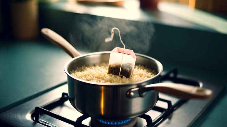 Illustration of a saucepan of rice simmering with an unflavoured tea bag to absorb excess starch for fluffier grains