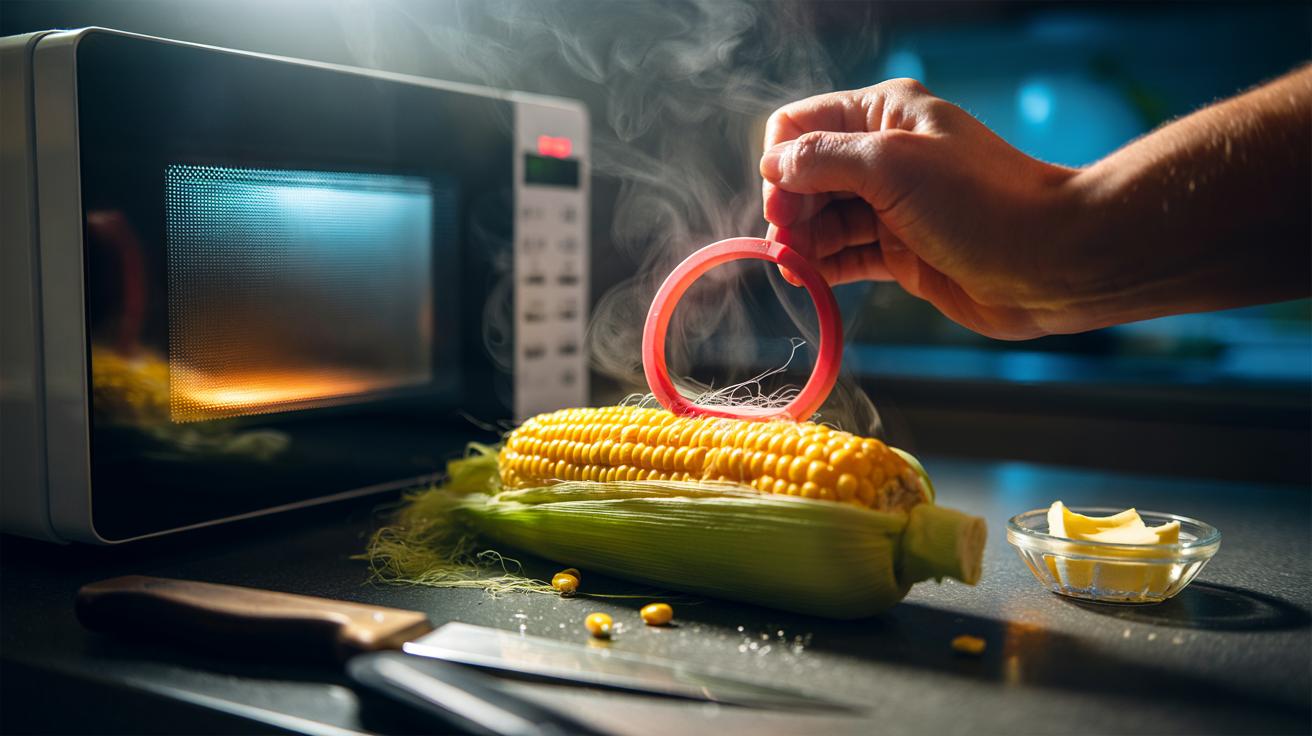 Illustration of sweet corn on the cob in its husk being microwaved, with a rubber band for post-cook shucking