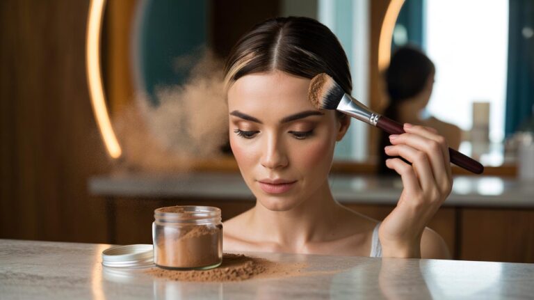Illustration of a brunette applying a cornstarch and cocoa dry shampoo at the roots with a make-up brush, leaving no white residue