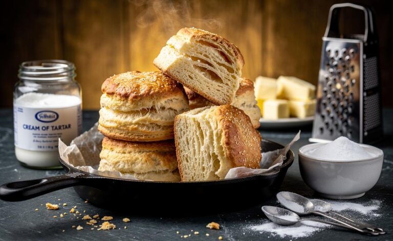 Illustration of fluffy, tall biscuits made with cream of tartar and bicarbonate of soda, showing a high, airy rise