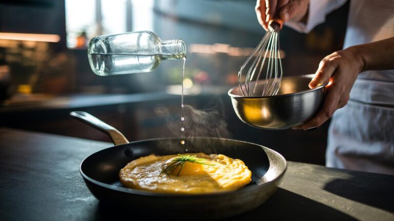 Illustration of [a teaspoon of vinegar being whisked into beaten eggs to create a lighter, fluffier omelette]