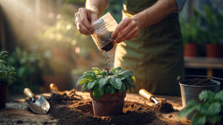 Illustration of creating natural fertilizer from used tea bags mixed into soil to nourish thriving plants