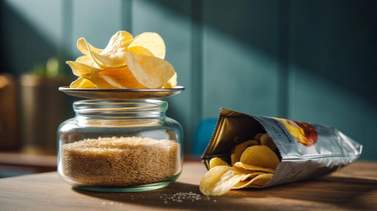Illustration of soggy crisps in a sealed container with dry uncooked rice absorbing moisture to restore crunch in two minutes