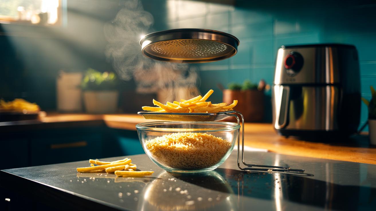 Illustration of soggy fries elevated on a perforated rack over a bowl of warm dry rice to restore crunch in seconds