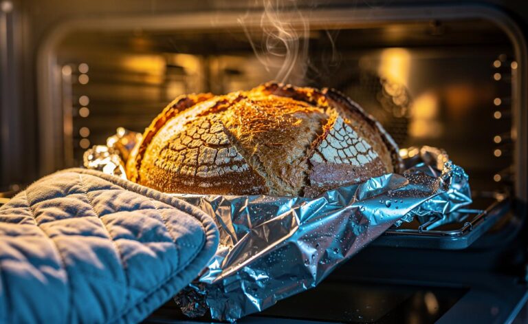 Illustration of stale bread wrapped in aluminium foil being reheated in an oven to restore a crisp crust in about 10 minutes