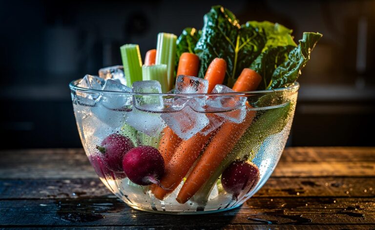 Illustration of fresh vegetables soaking in an ice water bath to revive crunch