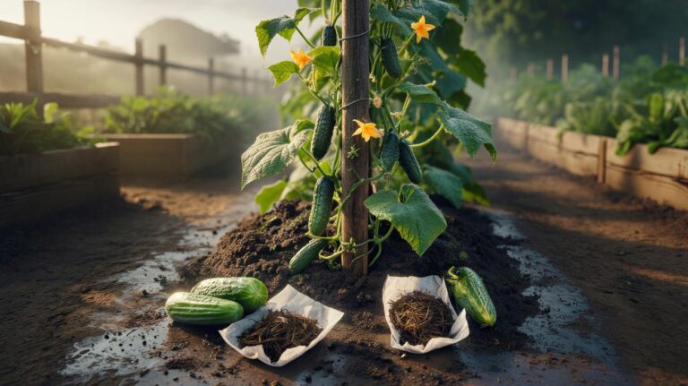 Illustration of used tea bags placed as mulch around cucumber plants in a garden bed