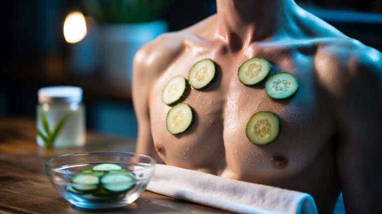 Illustration of chilled cucumber slices placed on a freshly waxed chest to soothe post-wax redness