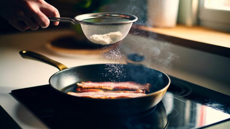 Illustration of a light flour dusting on bacon in a frying pan to curb grease spatter, smoke, and oil fire risk