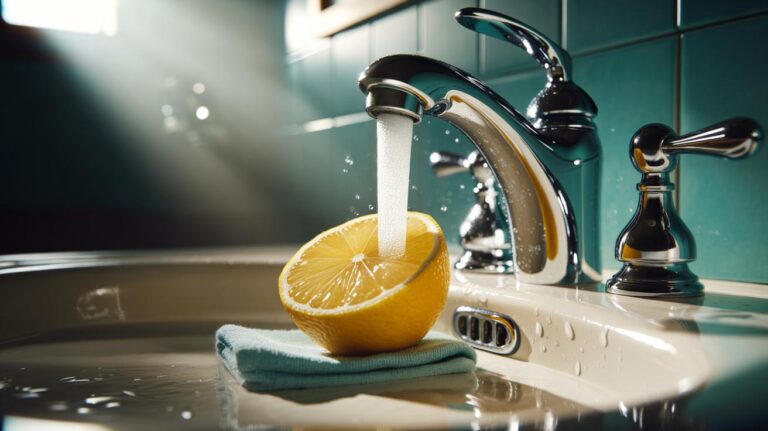 Illustration of a halved lemon cleaning a chrome faucet to remove limescale and restore shine.