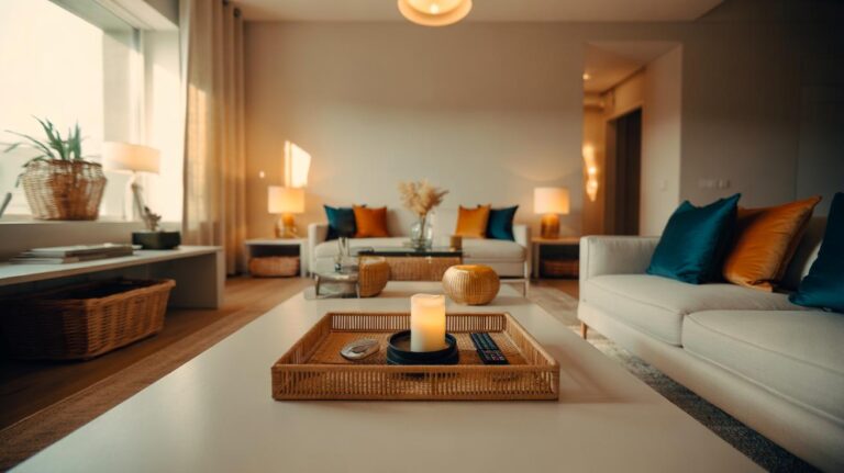 Illustration of designers’ contain-and-repeat hack with edited decor, coordinated trays and baskets, a neutral palette, and layered lighting for a spotless-looking home