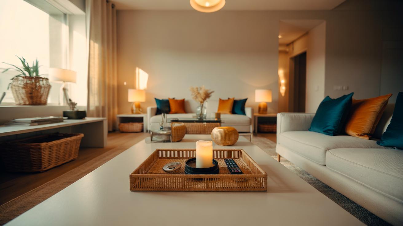 Illustration of designers’ contain-and-repeat hack with edited decor, coordinated trays and baskets, a neutral palette, and layered lighting for a spotless-looking home