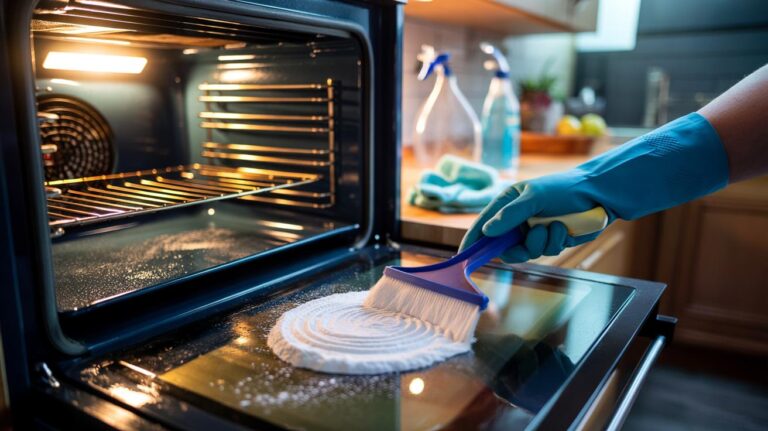 Illustration of deep cleaning an oven with baking soda (bicarbonate of soda) paste applied to soften and lift baked-on grease overnight