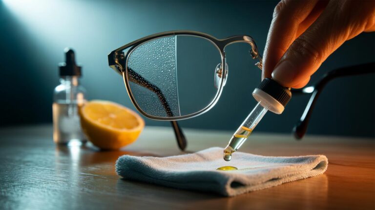 Illustration of a hand using a microfiber cloth to apply a diluted drop of lemon juice to eyeglasses to prevent fogging