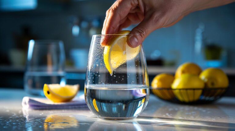 Illustration of a hand rubbing a cut lemon on cloudy glassware to dissolve mineral film and restore shine