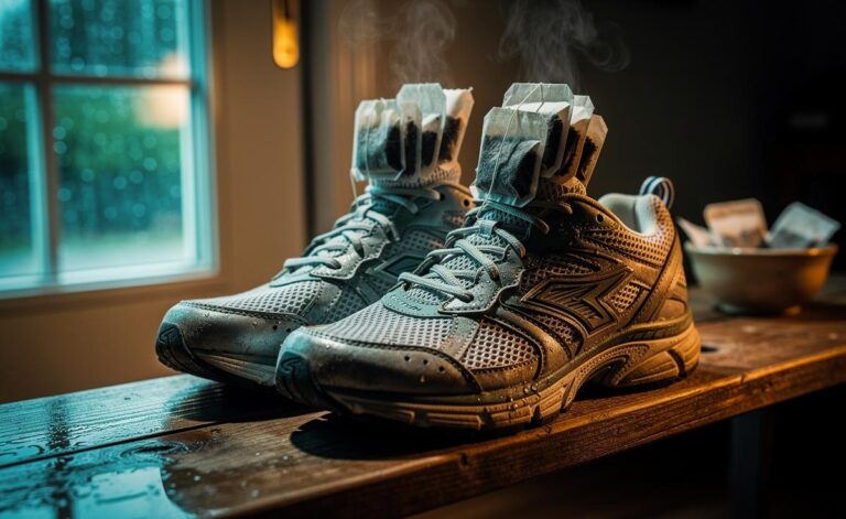 Illustration of tea bags placed inside smelly shoes to deodorise by absorbing moisture and odour within hours