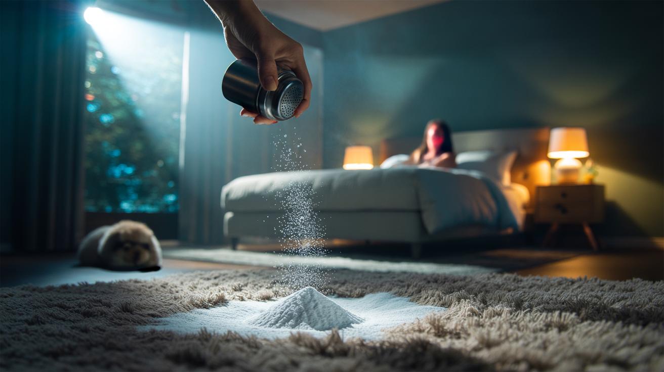 Illustration of baking soda being sprinkled onto a carpet before bedtime to neutralise odours overnight while you sleep