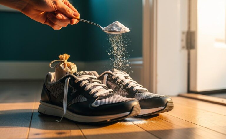 Illustration of baking soda being applied inside shoes to quickly neutralise unpleasant odour
